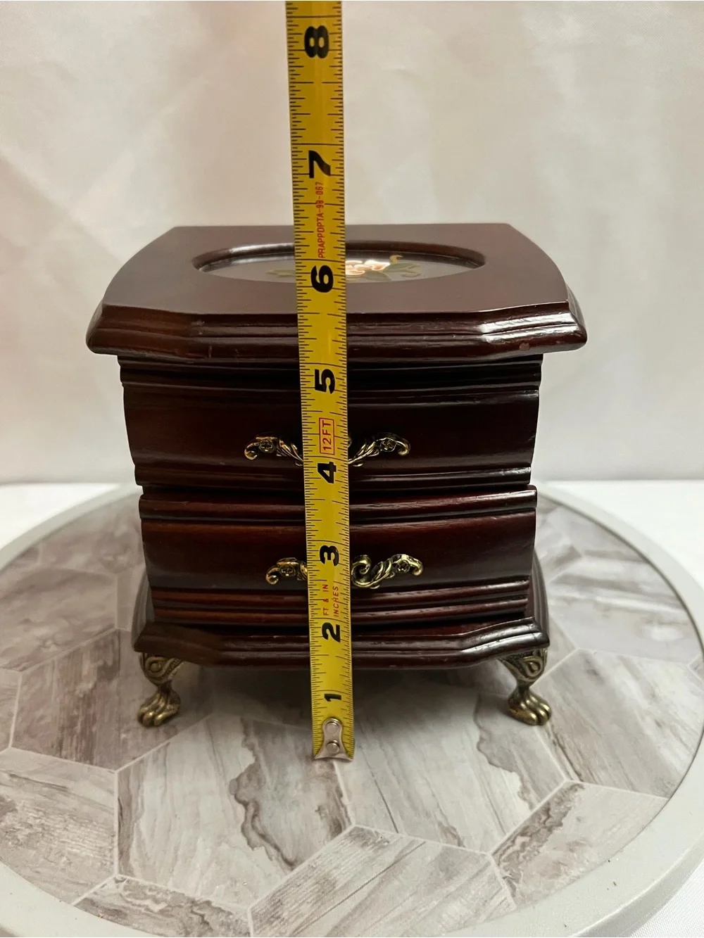 Vintage Style Wooden Jewelry Box 2 Drawer Floral Glass Top Brass Tone Feet